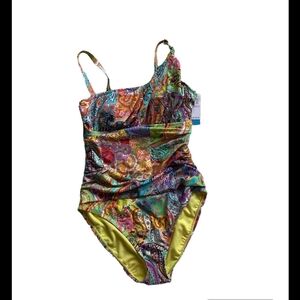 NWT Blue Rod Beattie Multicolor Paisley one shoulder one piece swim Sz 6